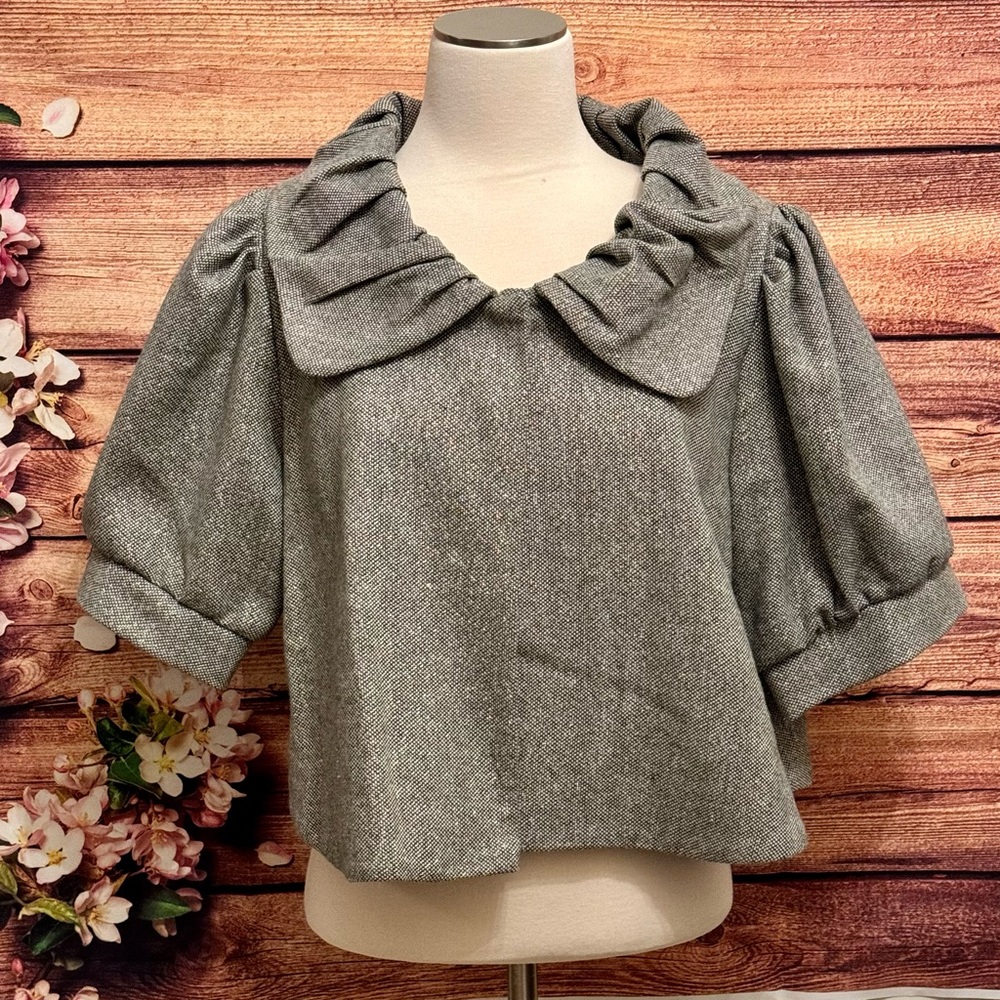 a.n.a Gray Gold Tweed Crop Jacket NWT Puff Sleeve Statement Collar Size M